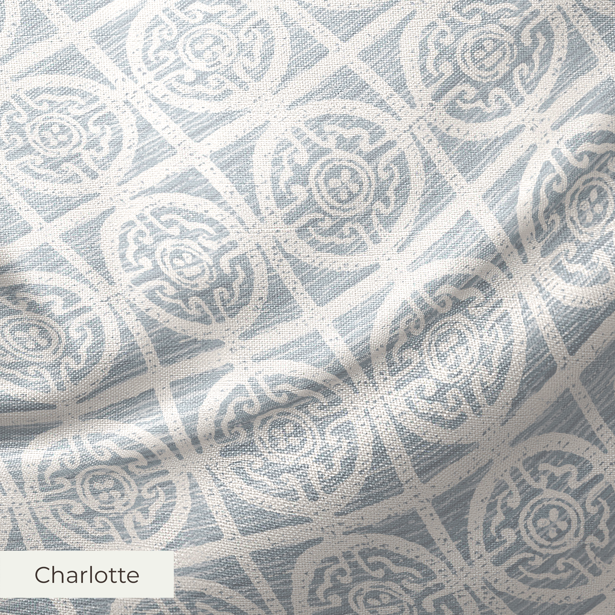 Geometric pattern with ornate circular medallions in gray and white, resembling vintage tile design