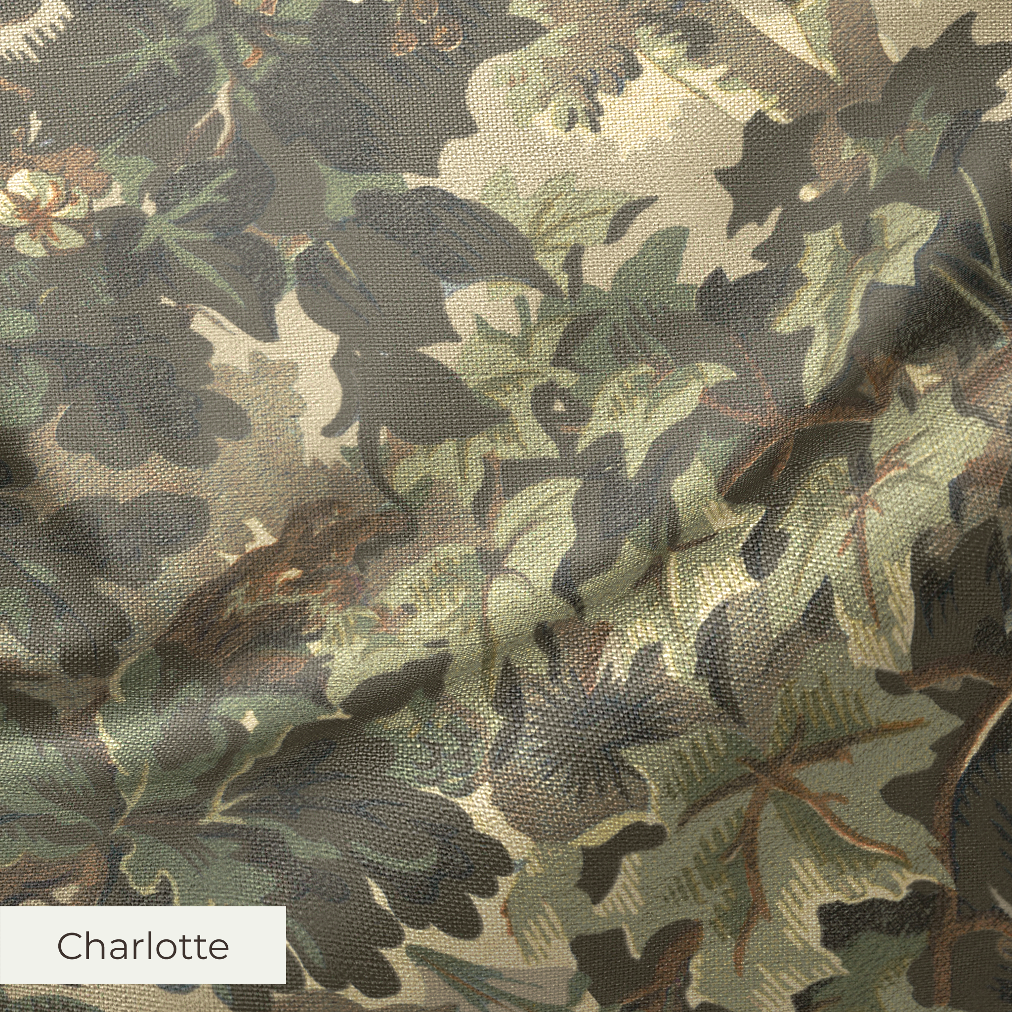 Dense vintage botanical illustration with oak leaves, grapes, and foliage in muted green and brown t
