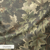 Dense vintage botanical illustration with oak leaves, grapes, and foliage in muted green and brown t