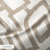 Abstract geometric pattern with interlocking squares and curves in taupe on cream background