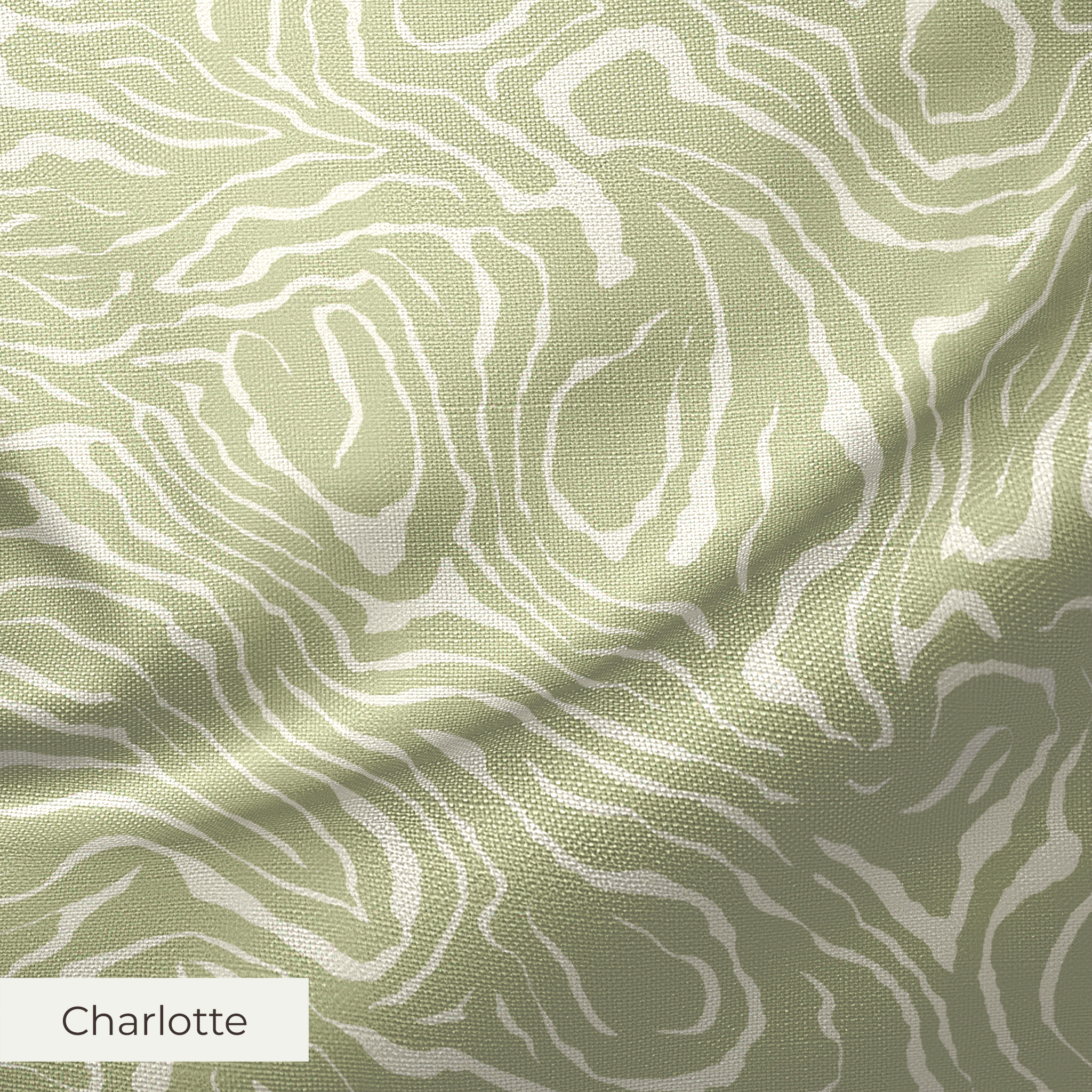 Abstract swirling pattern in white lines on sage green background, resembling flowing water or natur