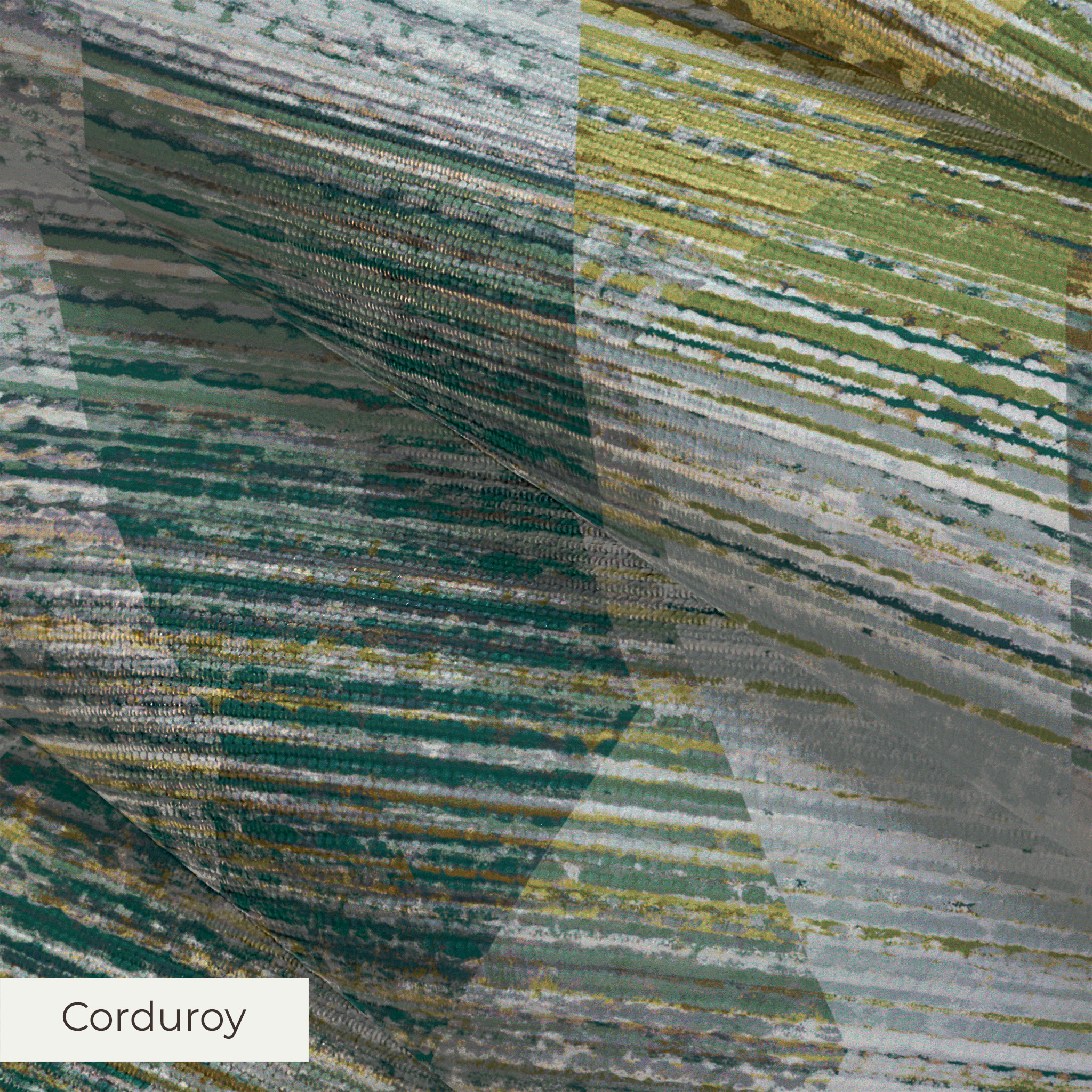 Abstract camouflage pattern in teal, gold, cream and gray with horizontal striped texture