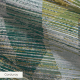 Abstract camouflage pattern in teal, gold, cream and gray with horizontal striped texture