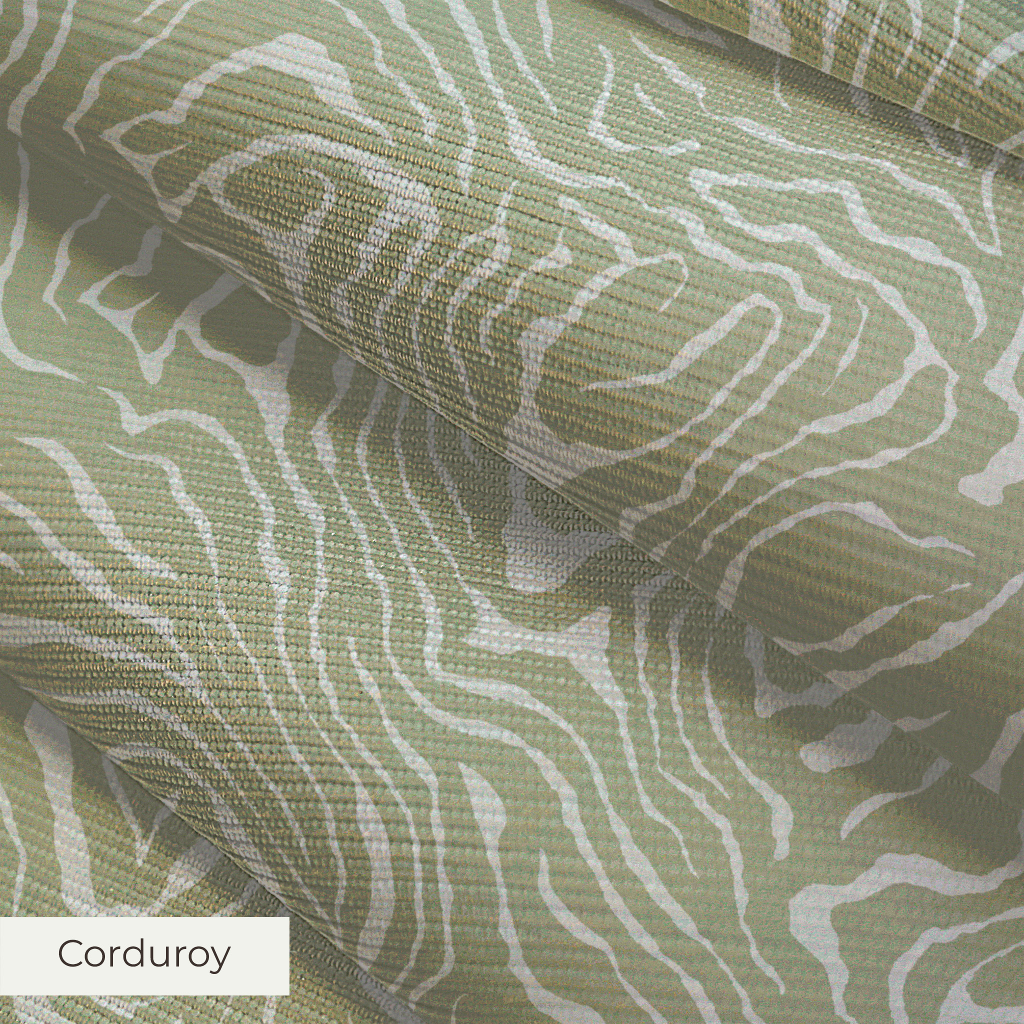 Abstract swirling pattern in white lines on sage green background, resembling flowing water or natur