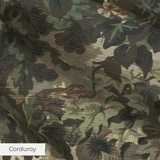Dense vintage botanical illustration with oak leaves, grapes, and foliage in muted green and brown t