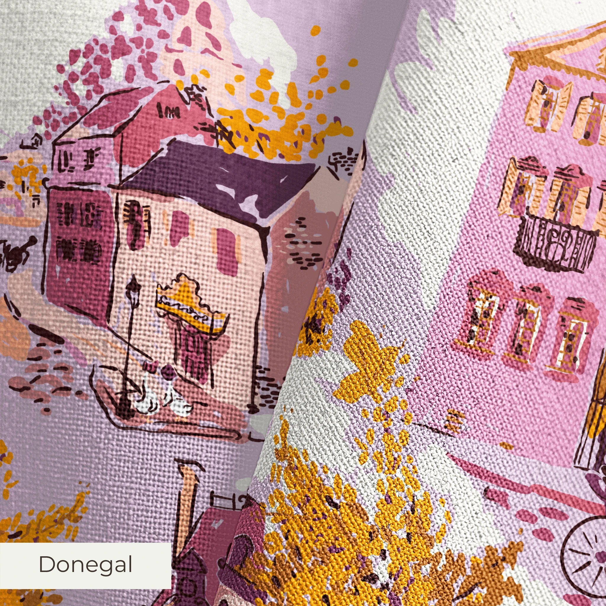 Whimsical autumn town scene with pink and purple buildings, golden trees, and people on streets