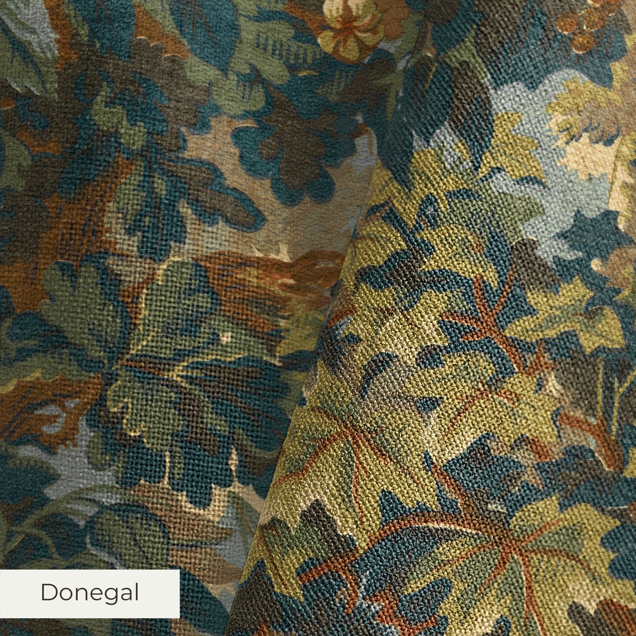 Autumn oak leaves and acorns pattern in gold, brown, and blue-gray tones