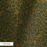 Ornate floral damask pattern in dark teal on golden brown background