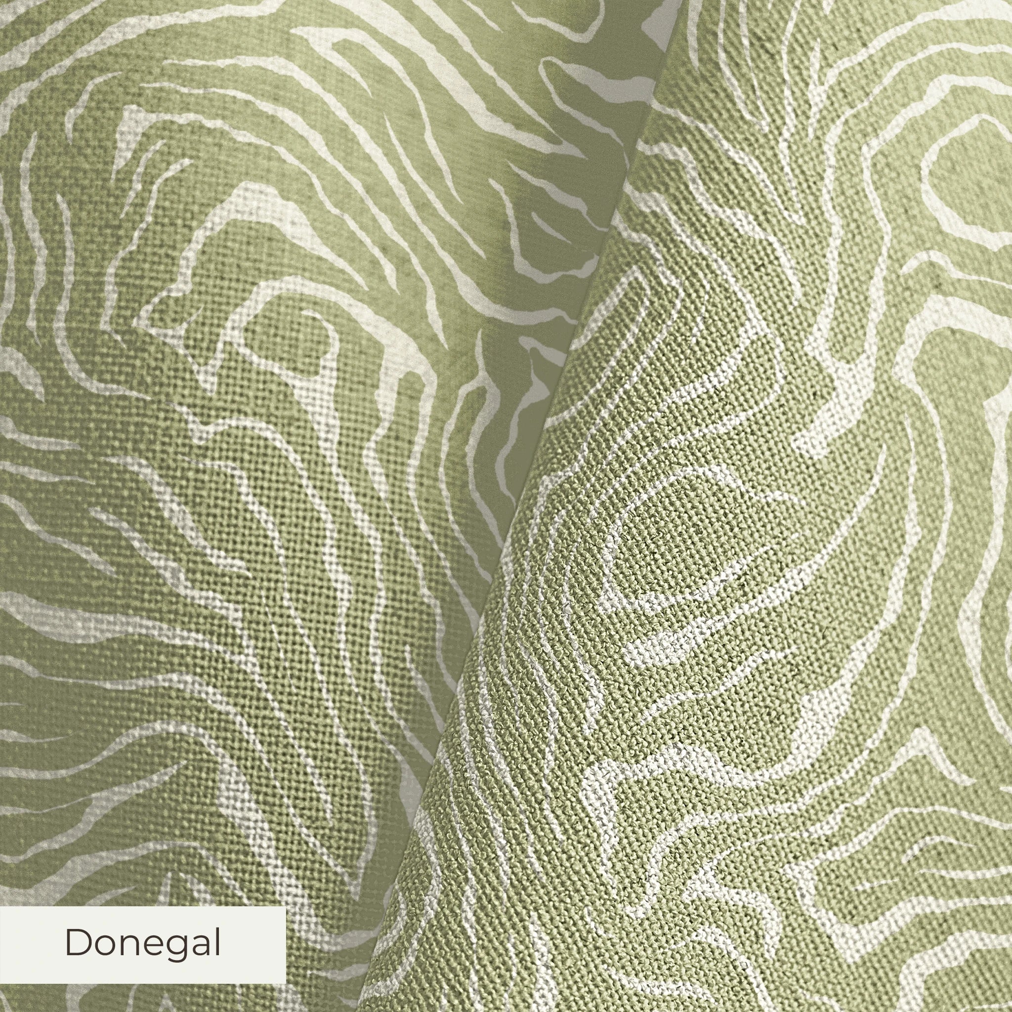Abstract swirling pattern in white lines on sage green background, resembling flowing water or natur