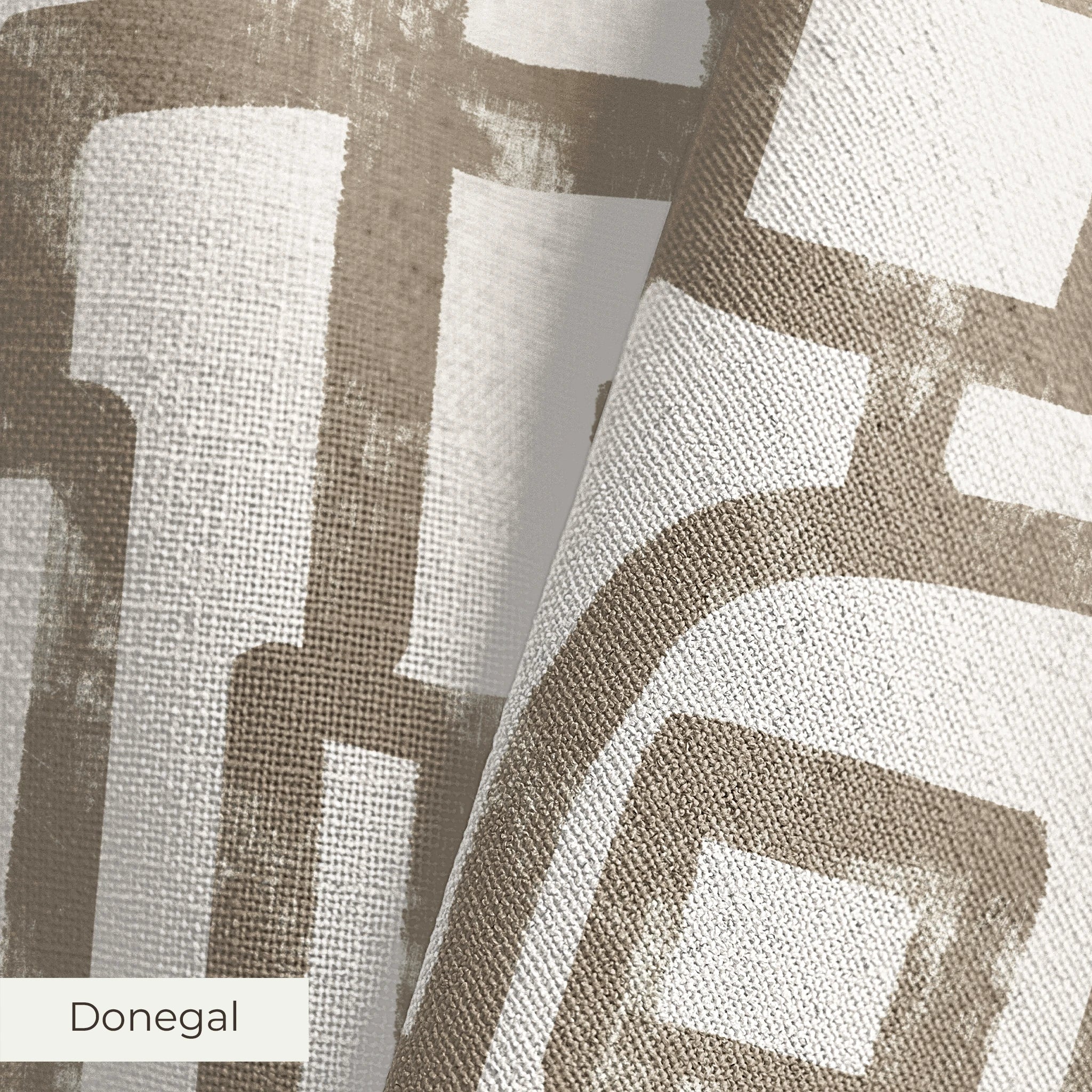 Abstract geometric pattern with interlocking squares and curves in taupe on cream background