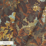 Autumn oak leaves and acorns in brown, gold, and sage green tones creating a dense fall foliage patt