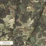 Dense vintage botanical illustration with oak leaves, grapes, and foliage in muted green and brown t