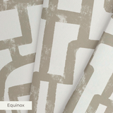 Abstract geometric pattern with interlocking squares and curves in taupe on cream background