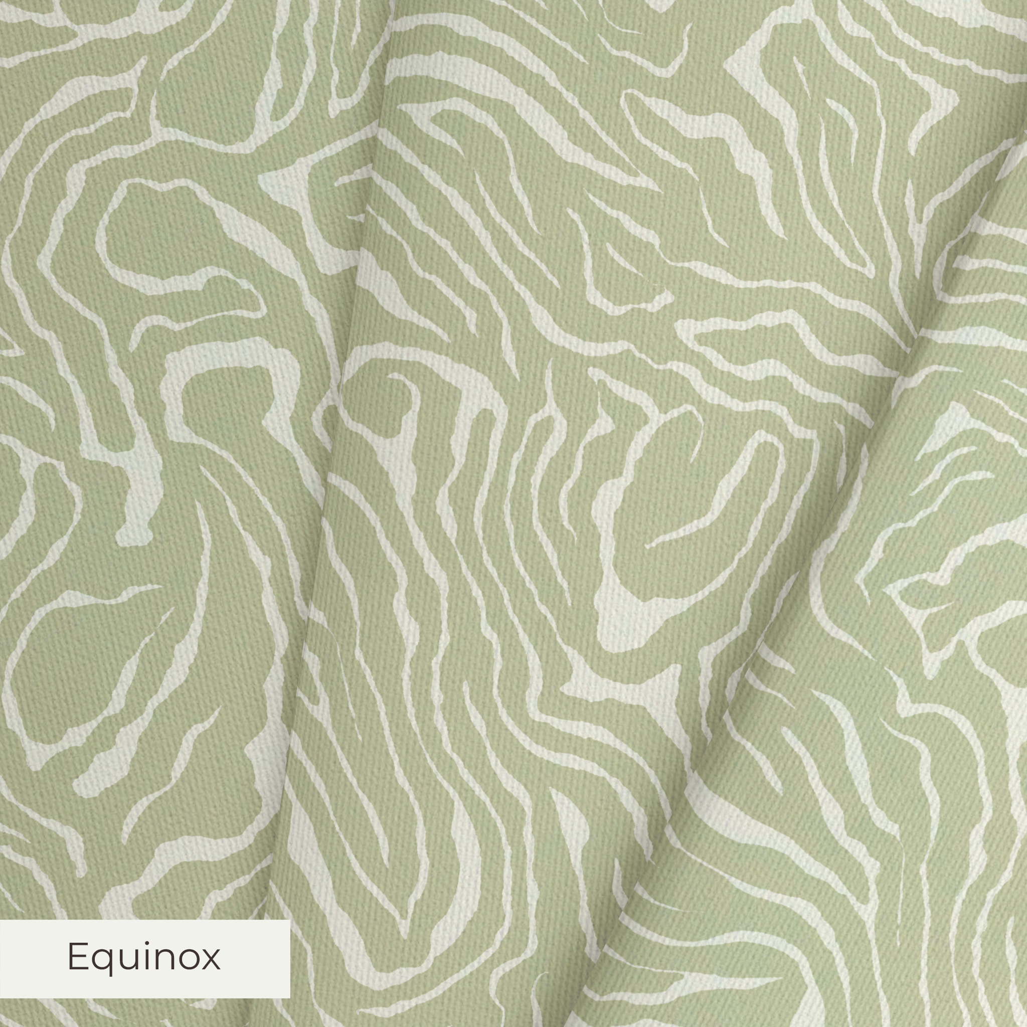 Abstract swirling pattern in white lines on sage green background, resembling flowing water or natur