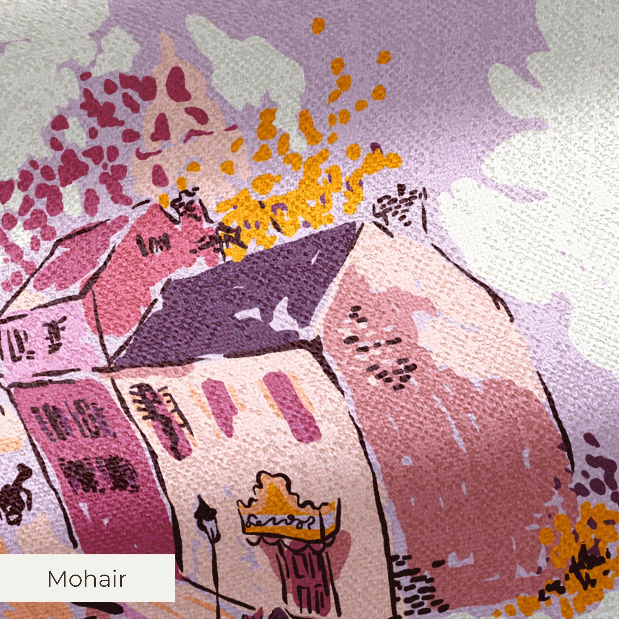 Whimsical autumn town scene with pink and purple buildings, golden trees, and people on streets