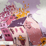 Whimsical autumn town scene with pink and purple buildings, golden trees, and people on streets