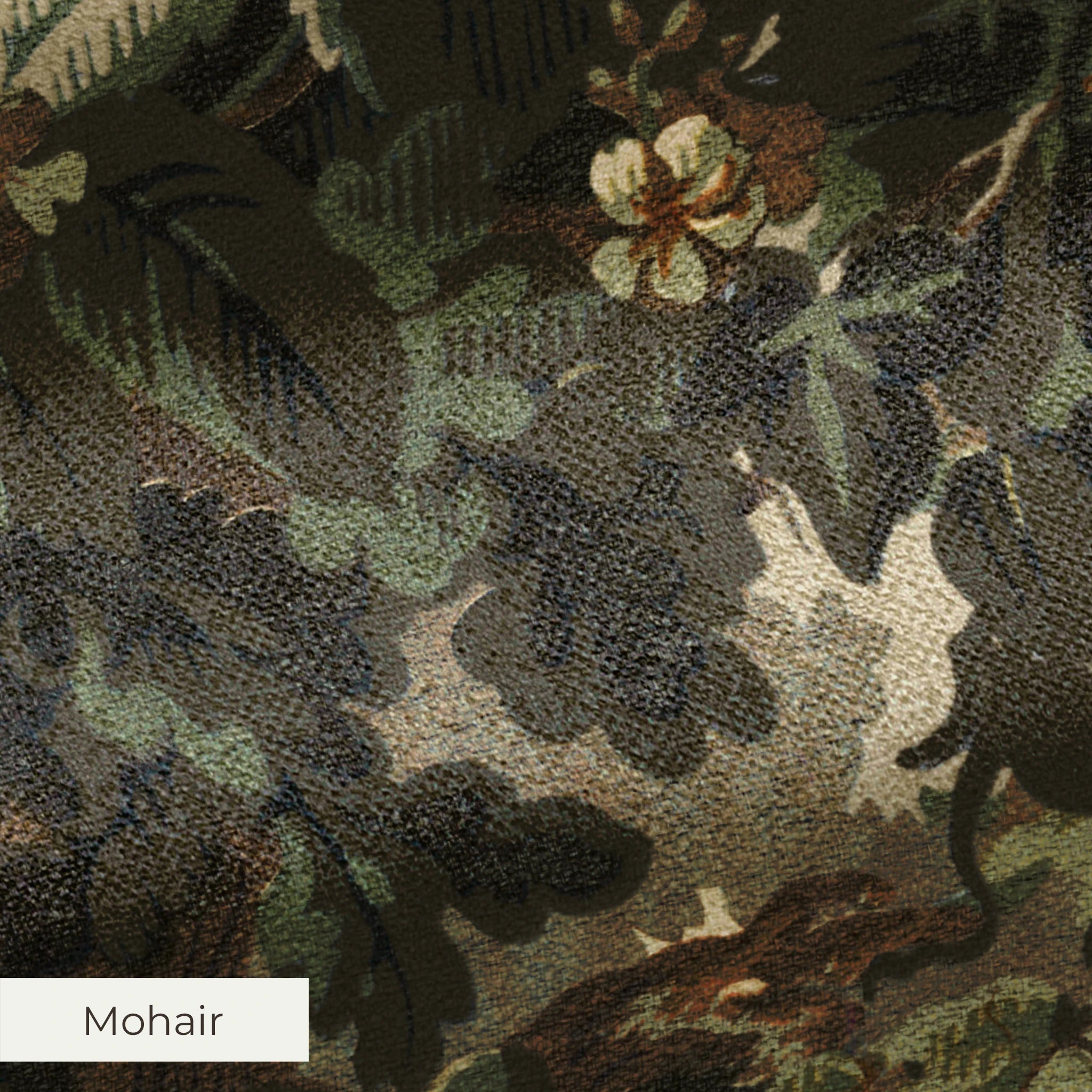 Dense vintage botanical illustration with oak leaves, grapes, and foliage in muted green and brown t
