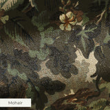 Dense vintage botanical illustration with oak leaves, grapes, and foliage in muted green and brown t
