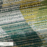Abstract camouflage pattern in teal, gold, cream and gray with horizontal striped texture