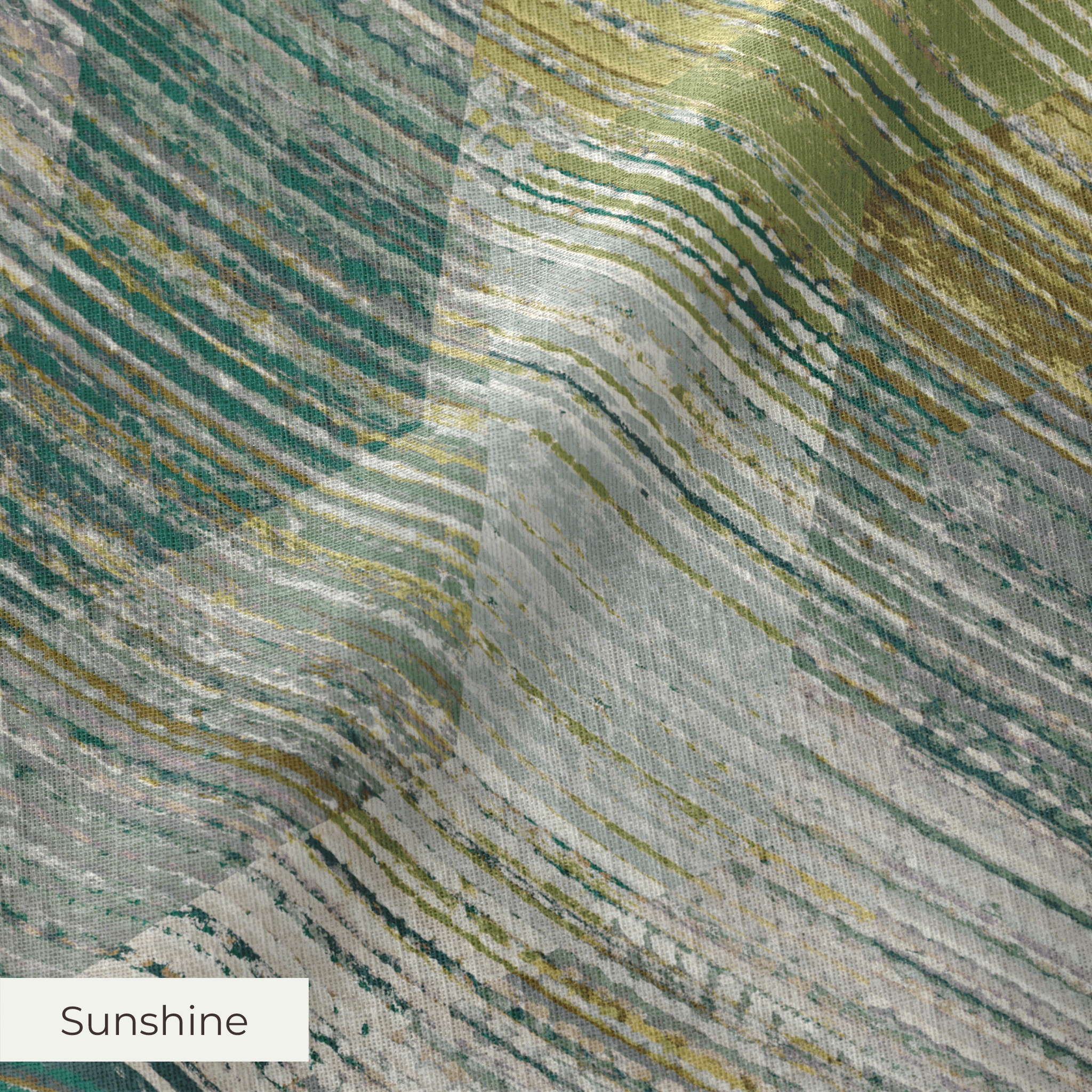 Abstract camouflage pattern in teal, gold, cream and gray with horizontal striped texture