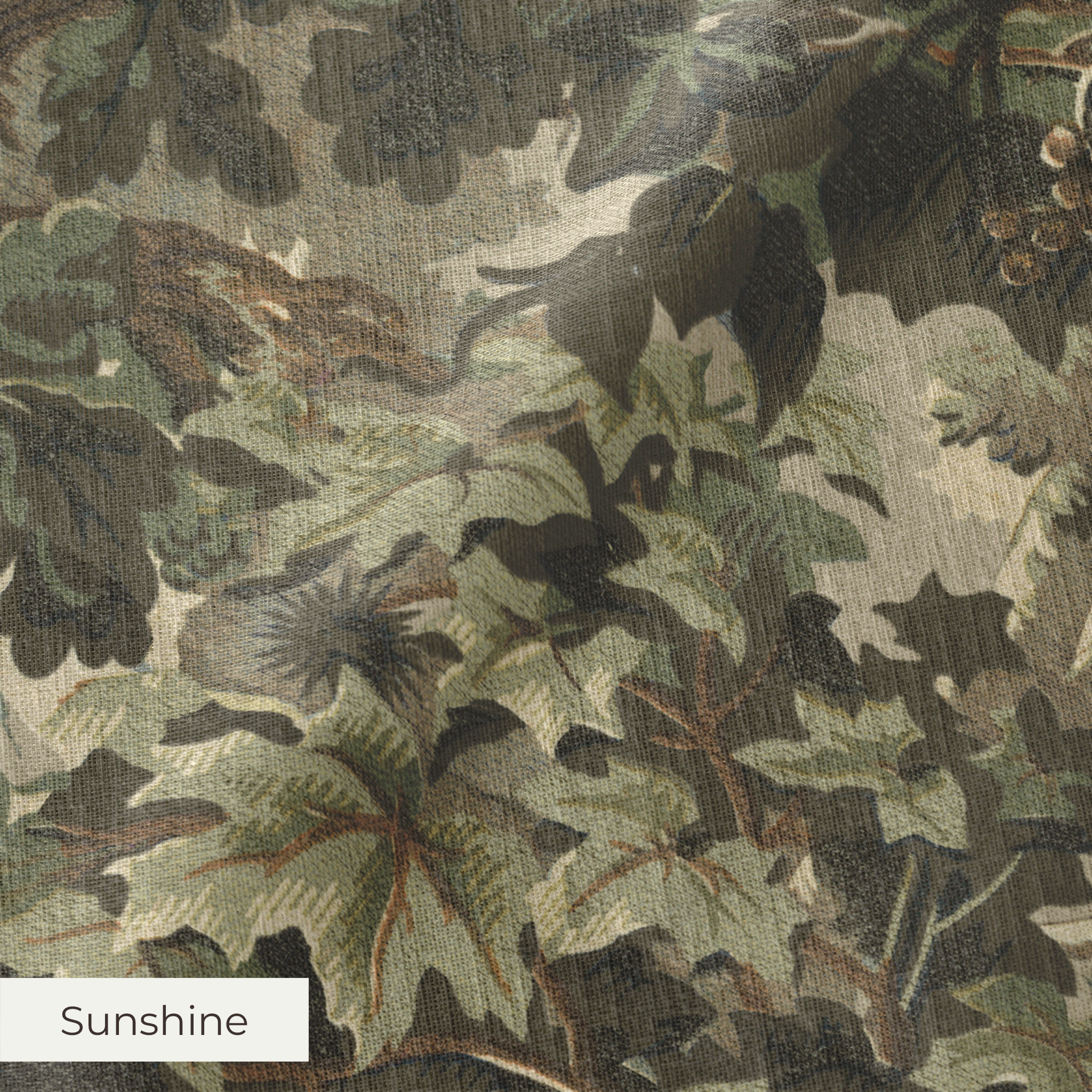 Dense vintage botanical illustration with oak leaves, grapes, and foliage in muted green and brown t
