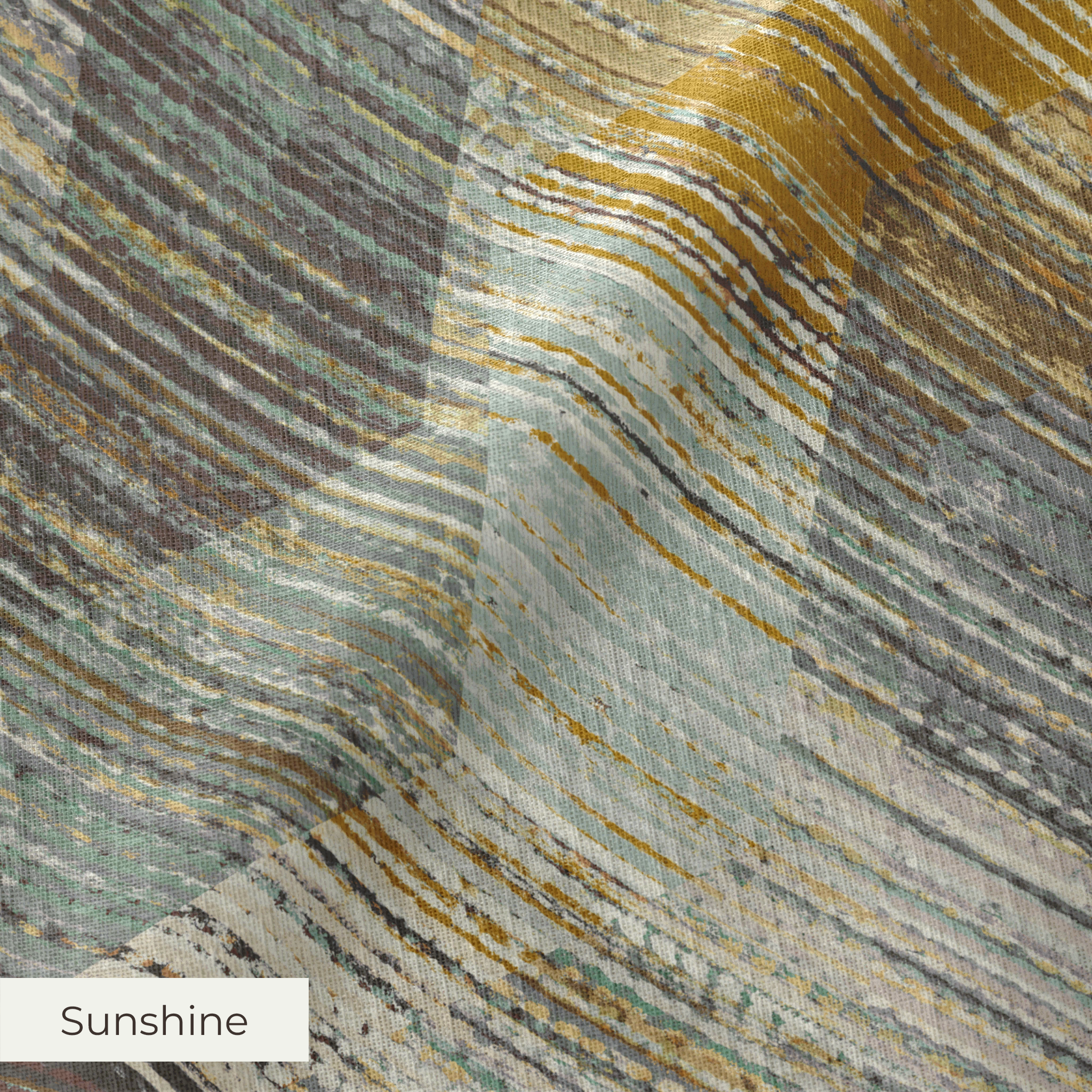 Abstract pattern with horizontal lines in gray, gold, cream, and teal creating a distressed, layered