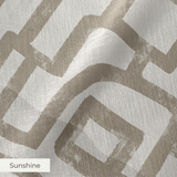 Abstract geometric pattern with interlocking squares and curves in taupe on cream background