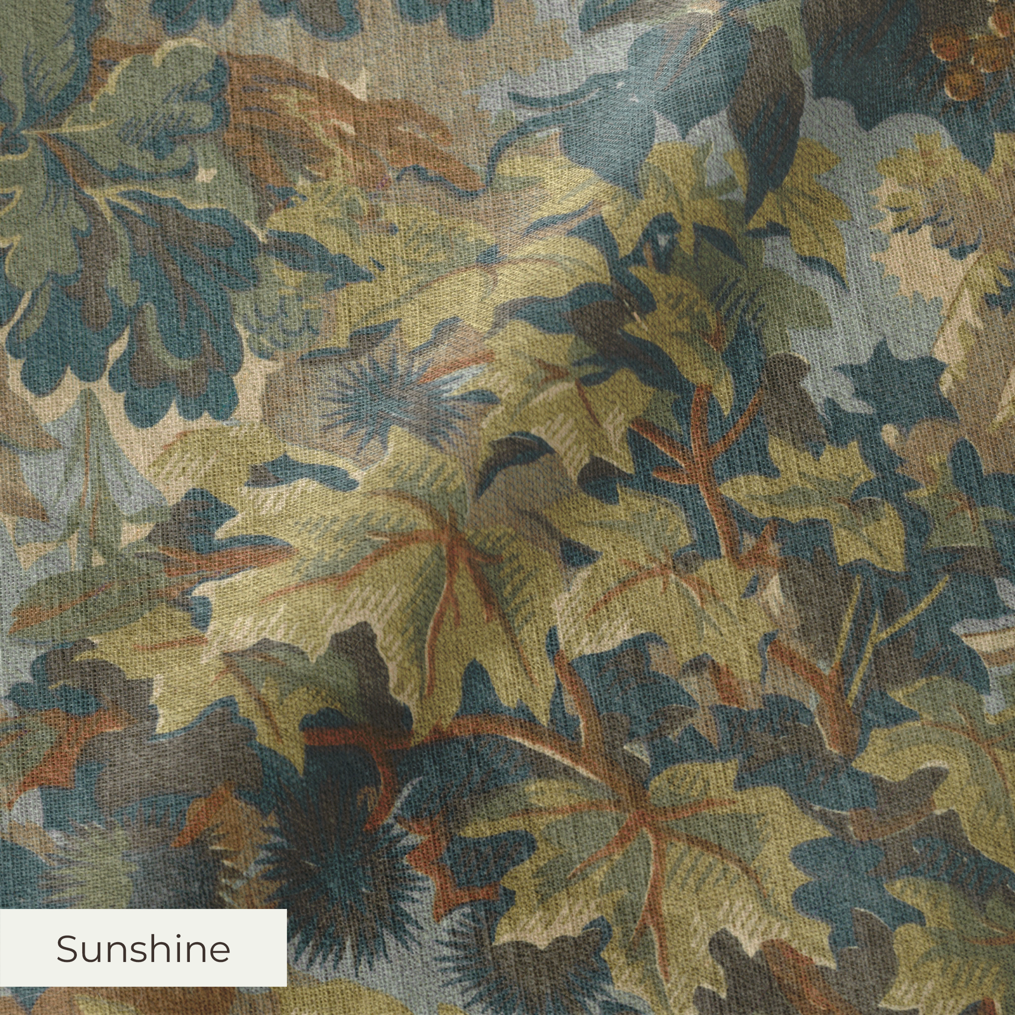 Autumn oak leaves and acorns pattern in gold, brown, and blue-gray tones