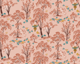 A repeating toile-style Spider-Man pattern on a dusty pink background, featuring peach and rust trees with white blossoms, dark brown trunks, small blue and yellow flowers, and Spider-Man hanging from the trees.