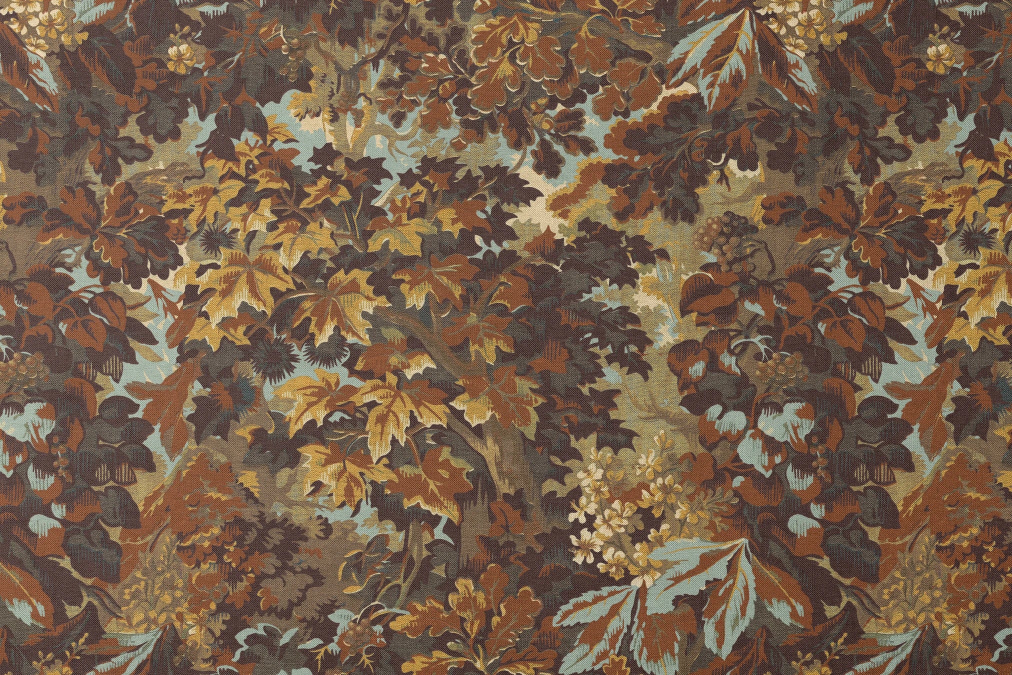 Autumn oak leaves and acorns in brown, gold, and sage green tones creating a dense fall foliage patt