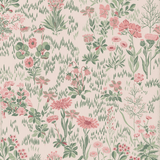 A repeating botanical archive pattern featuring pink wildflowers and green foliage on a warm cream background.