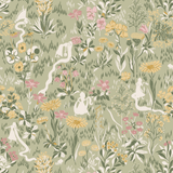 A repeating botanical and whimsical Disney Rapzunel pattern on a muted sage green background, featuring cream-colored silhouettes of Rapunzel and winding paths, yellow flowers, pink blossoms, and green leaves.