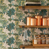 A kitchen scene, featuring Disney's Tiana green landscape wallpaper on the wall. The shelf includes spices on the bottom, pots in the center shelf, and a stack of books on the top shelf. 