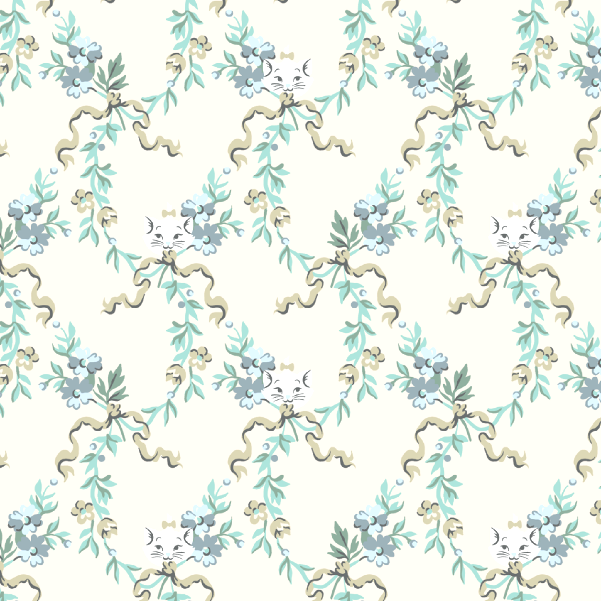 Delicate floral pattern with blue flowers, green leaves, and curved stems on light background