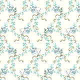 Delicate floral pattern with blue flowers, green leaves, and curved stems on light background