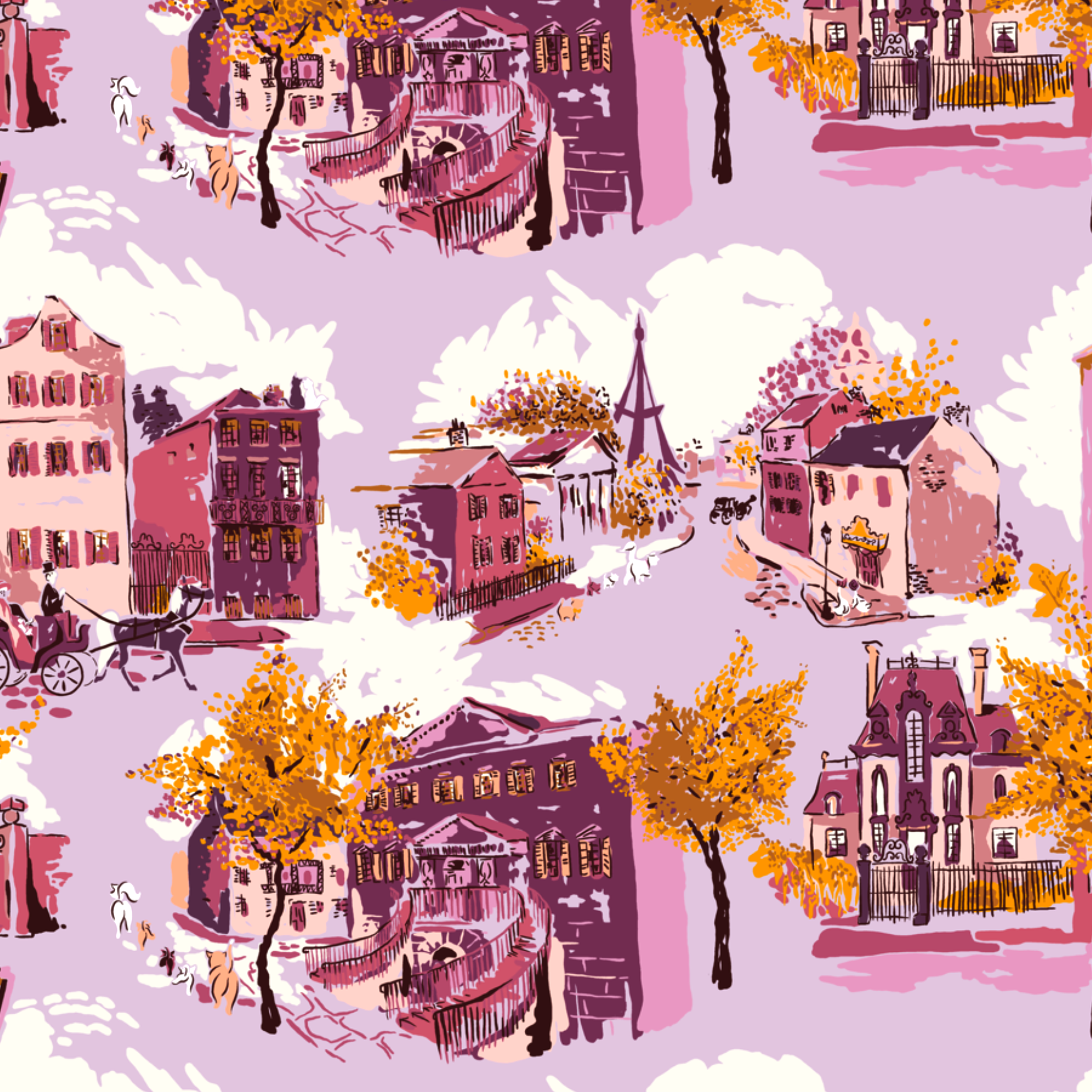 Whimsical autumn town scene with pink and purple buildings, golden trees, and people on streets