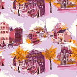 Whimsical autumn town scene with pink and purple buildings, golden trees, and people on streets