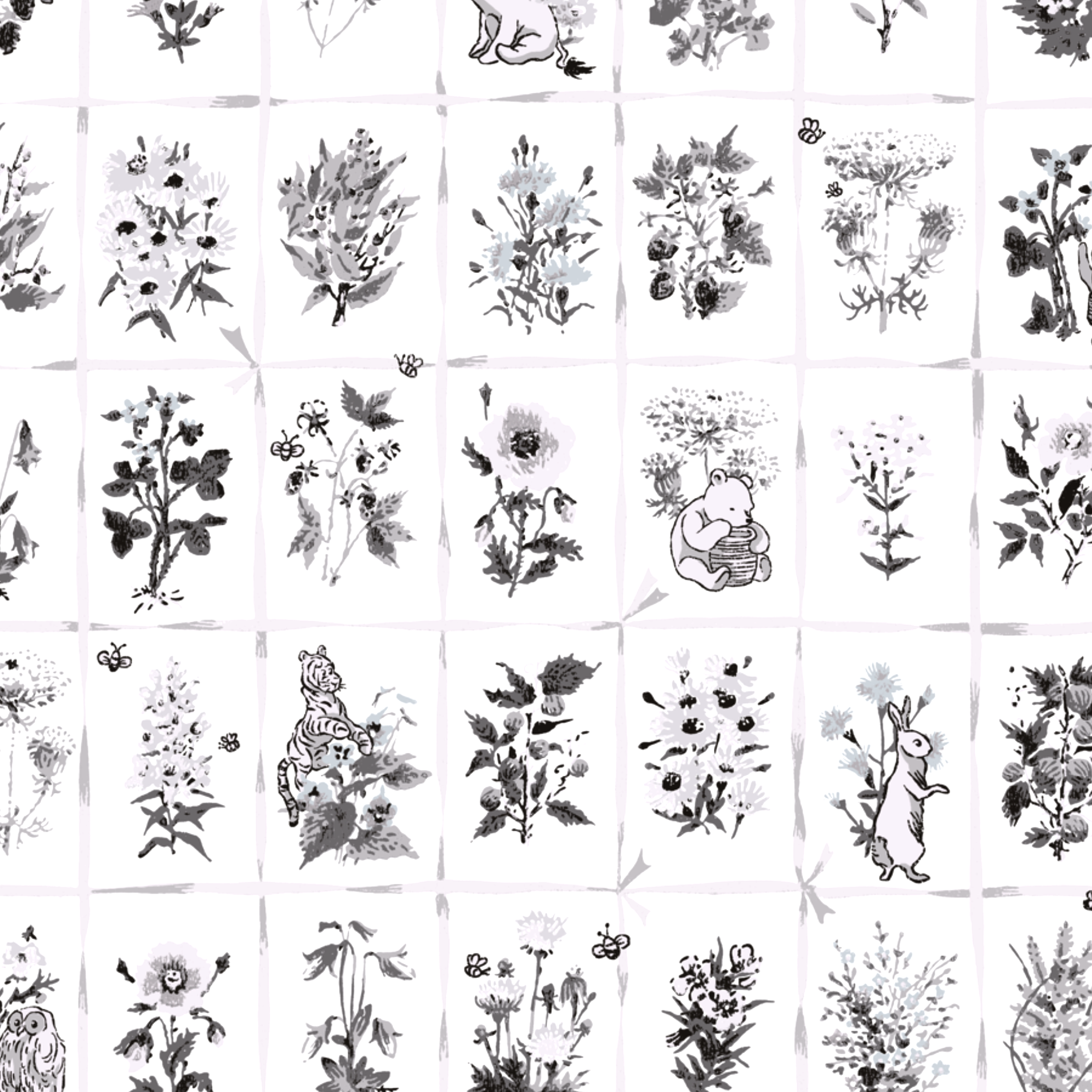 Botanical illustration grid showing various vintage black and white plant and flower sketches