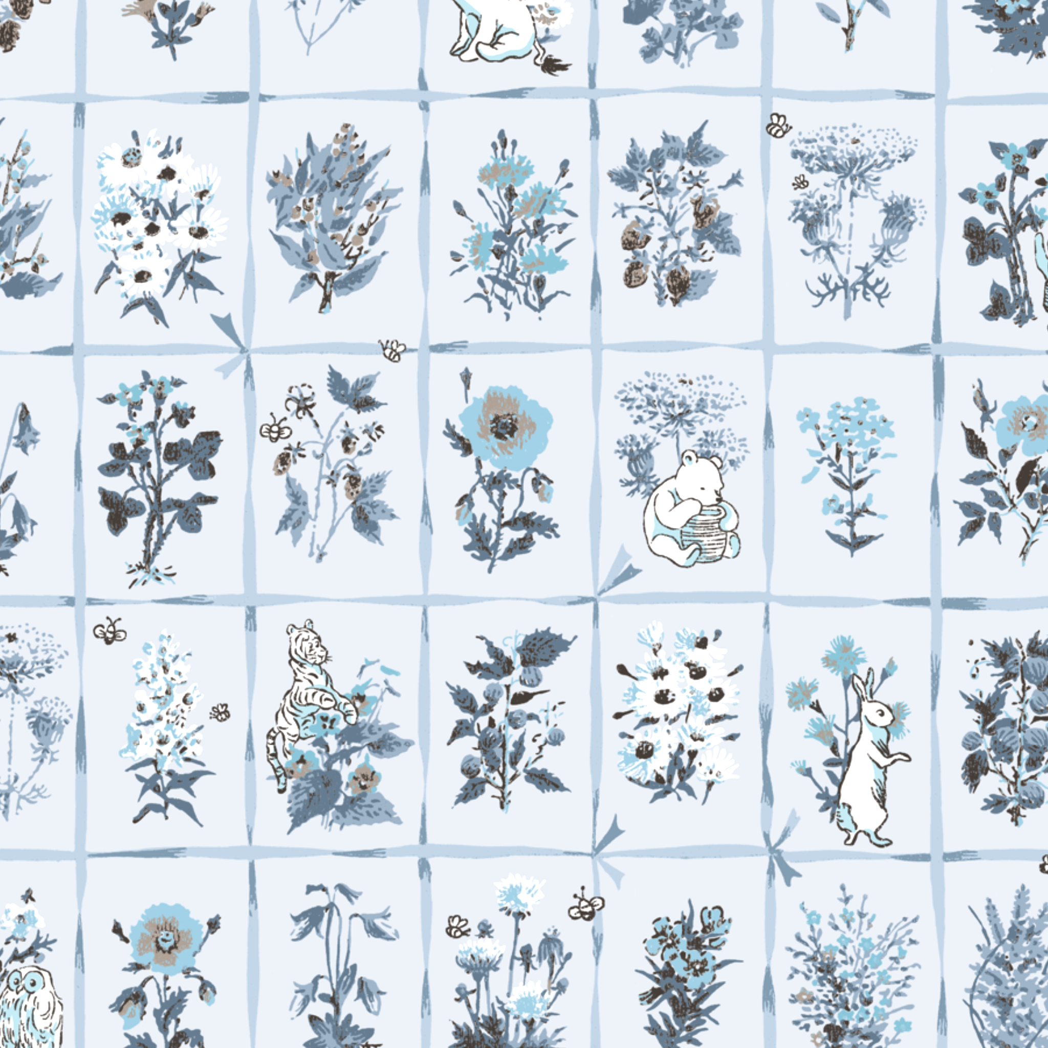 Vintage botanical illustration grid pattern with blue and green pressed flowers and plants on white