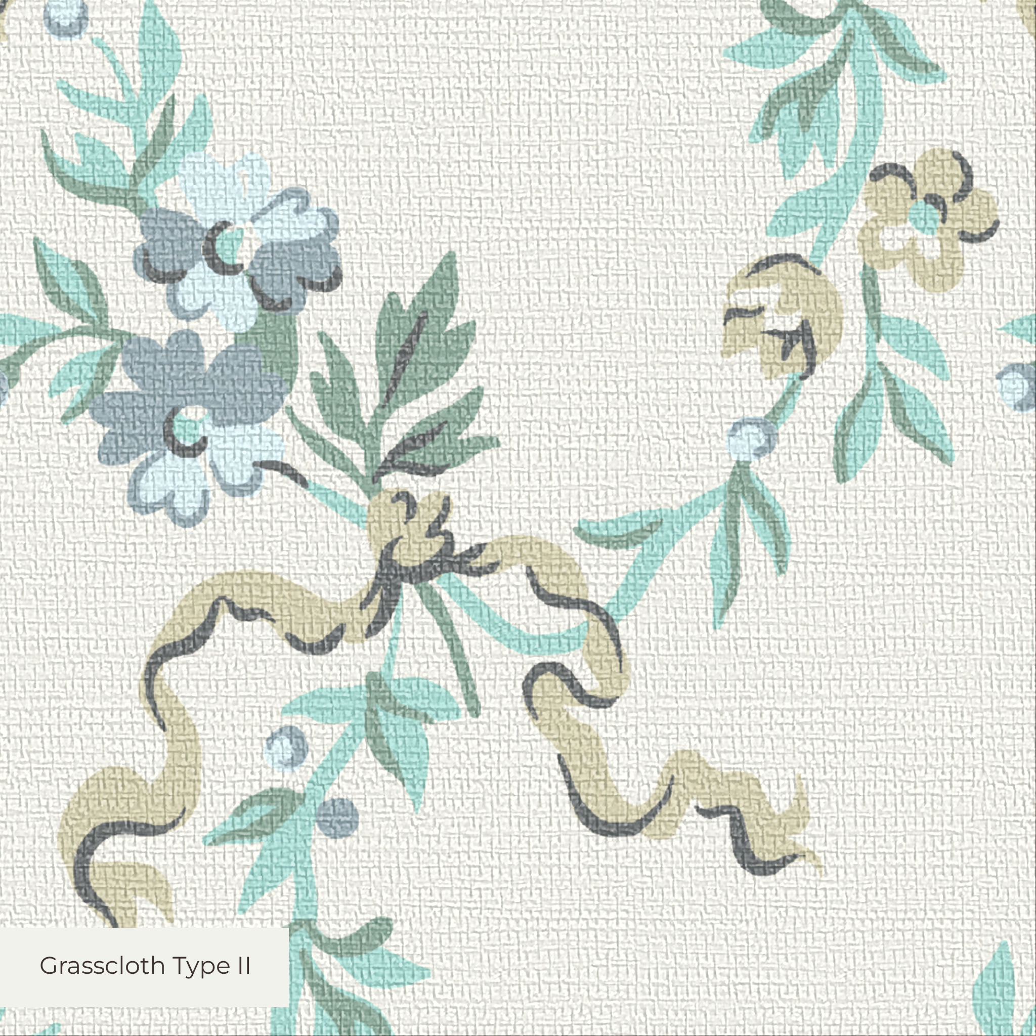 Delicate floral pattern with blue flowers, green leaves, and curved stems on light background