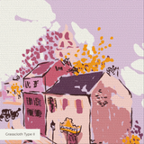 Whimsical autumn town scene with pink and purple buildings, golden trees, and people on streets