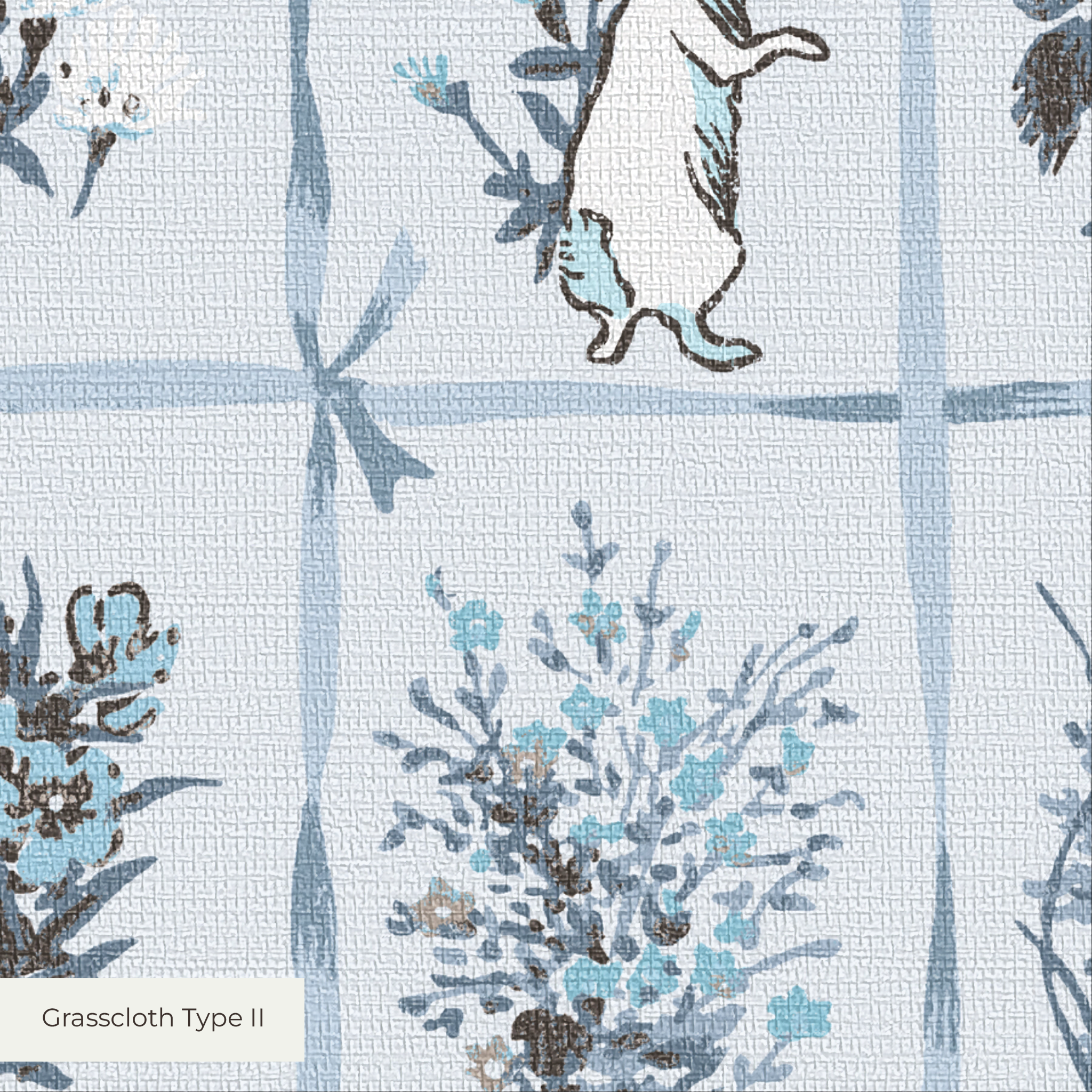 Vintage botanical illustration grid pattern with blue and green pressed flowers and plants on white