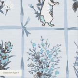 Vintage botanical illustration grid pattern with blue and green pressed flowers and plants on white
