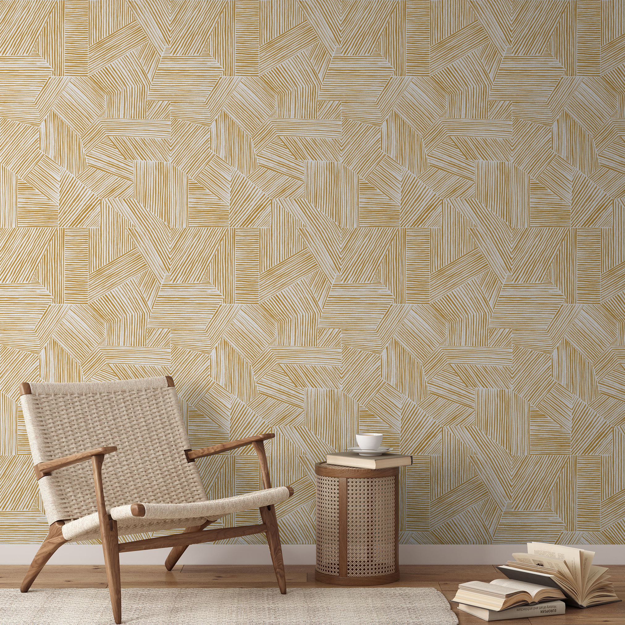 Abstract geometric pattern of intersecting gold lines forming angular sections on white background