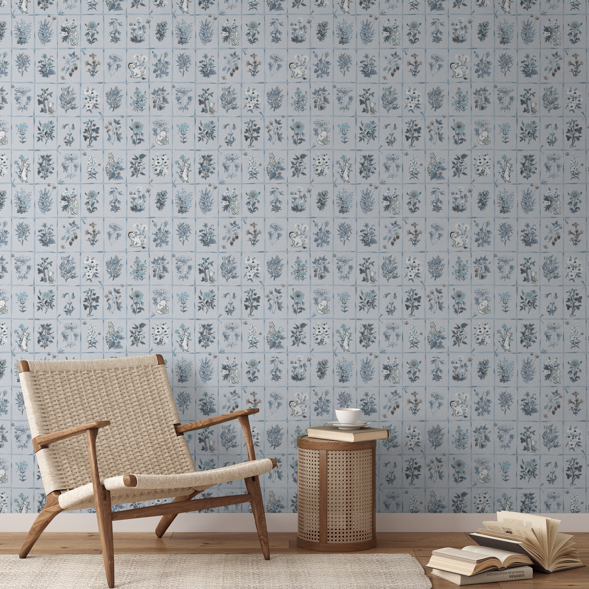 Vintage botanical illustration grid pattern with blue and green pressed flowers and plants on white
