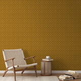 Ornate golden geometric pattern with circular motifs and horizontal stripes in warm tones