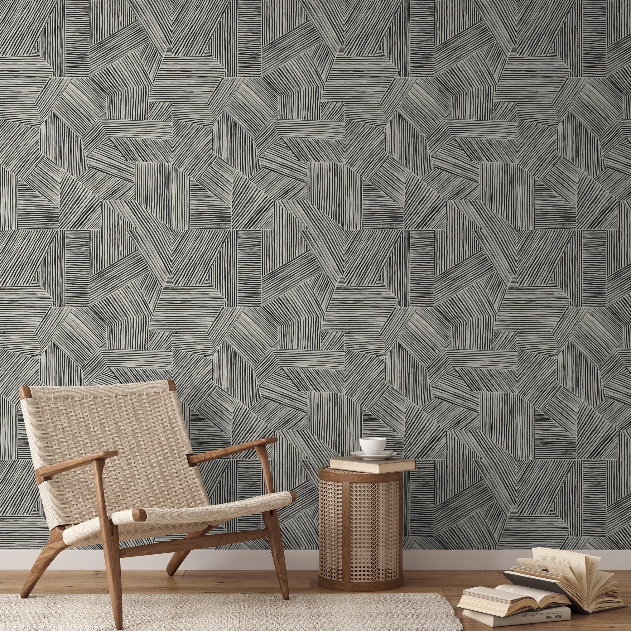Abstract geometric pattern of intersecting black line segments forming angular shapes on white backg