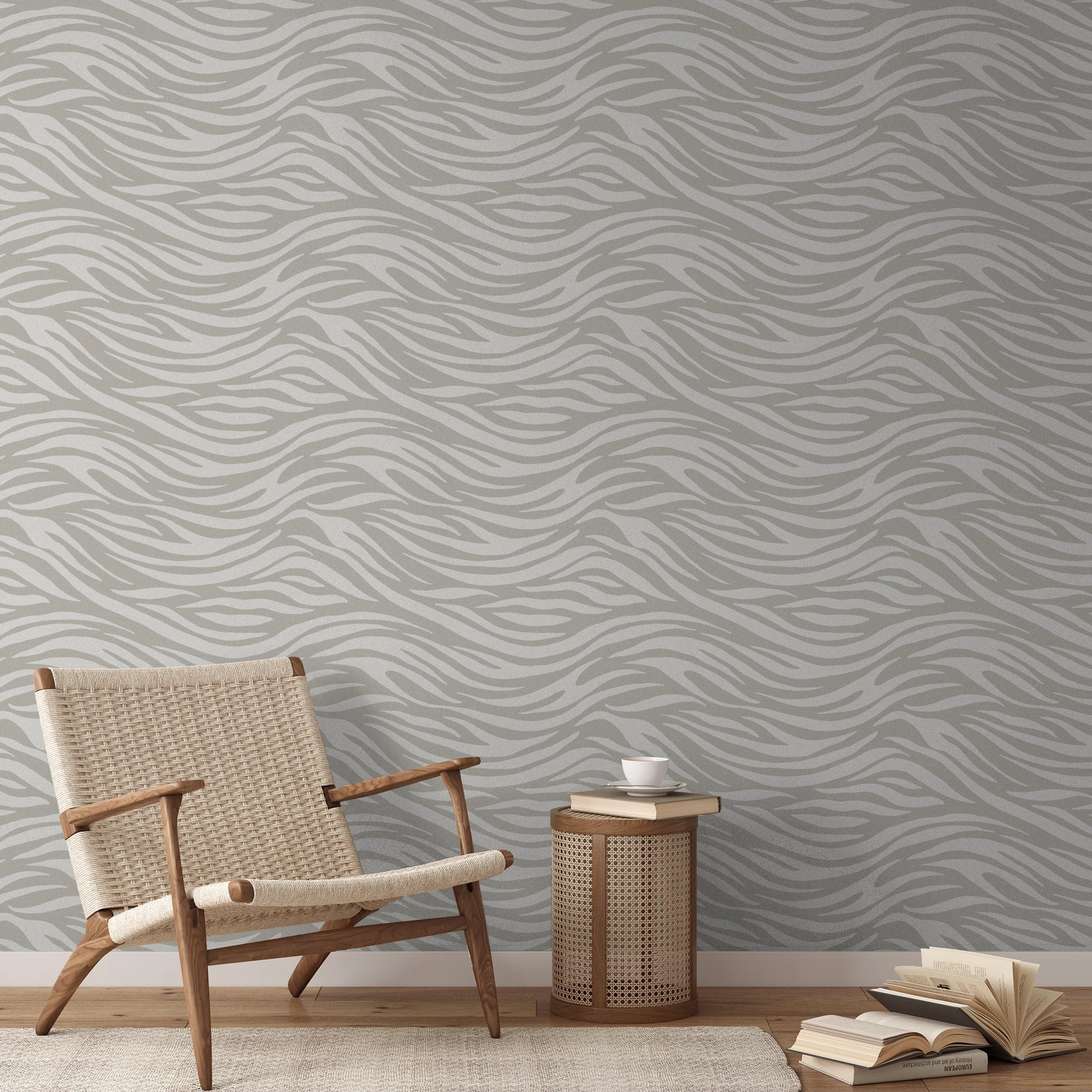 Abstract wavy lines pattern in beige and white tones creating a flowing, organic design
