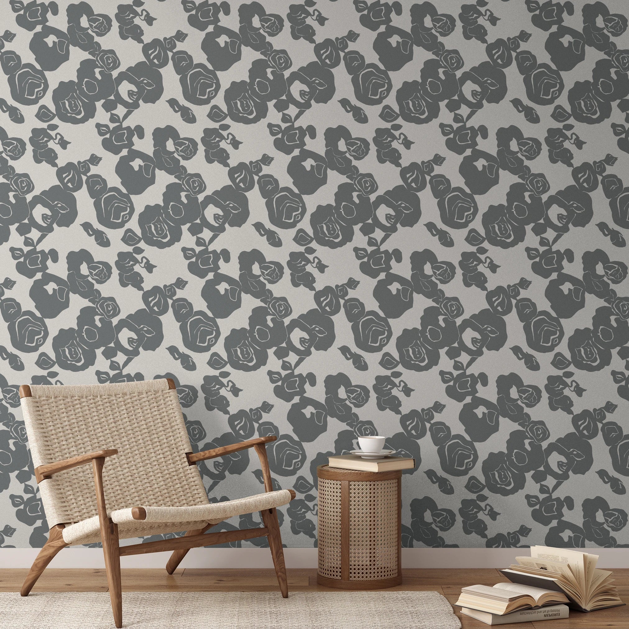 Gray floral pattern with roses on beige background in vintage style