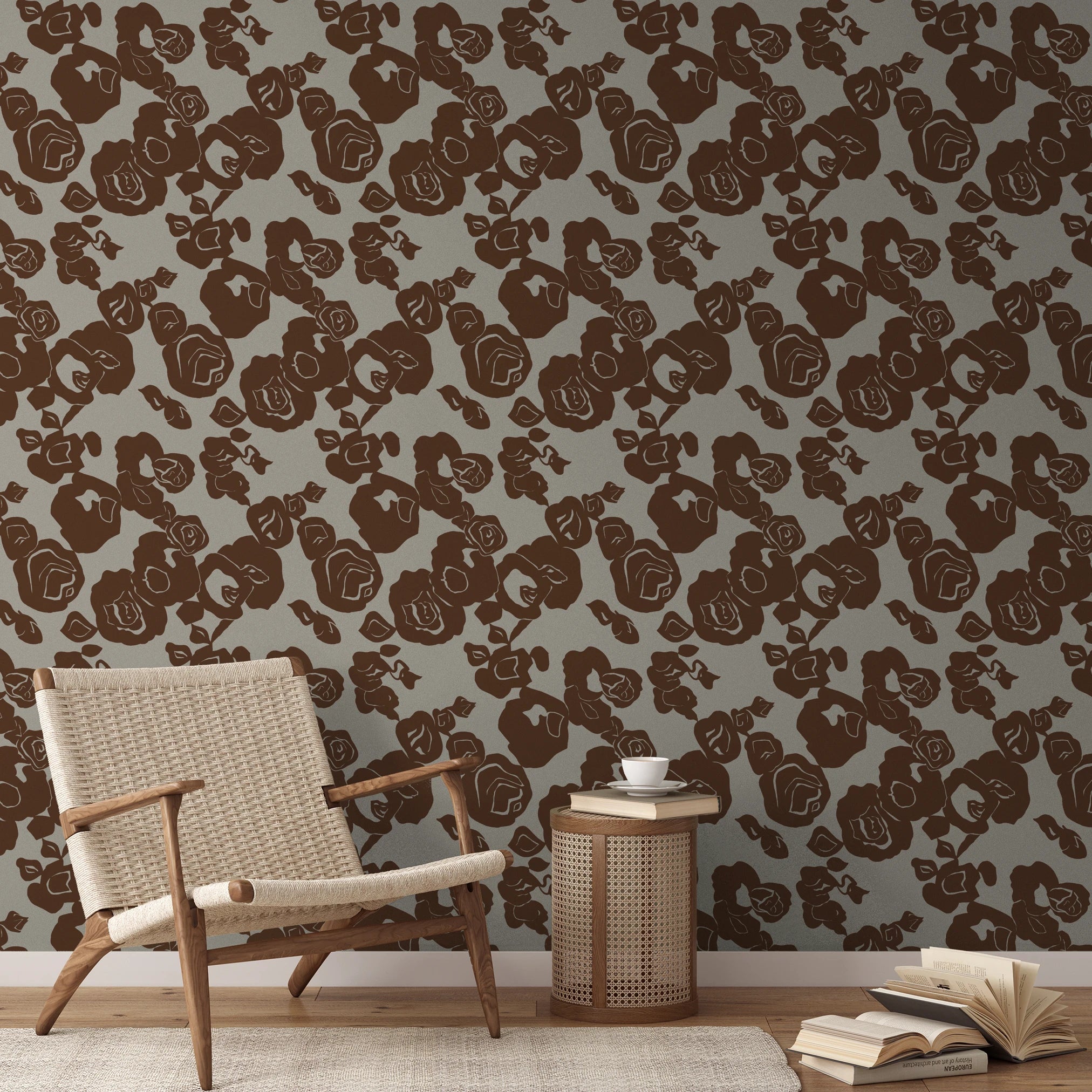 Brown floral pattern with roses and leaves on beige background